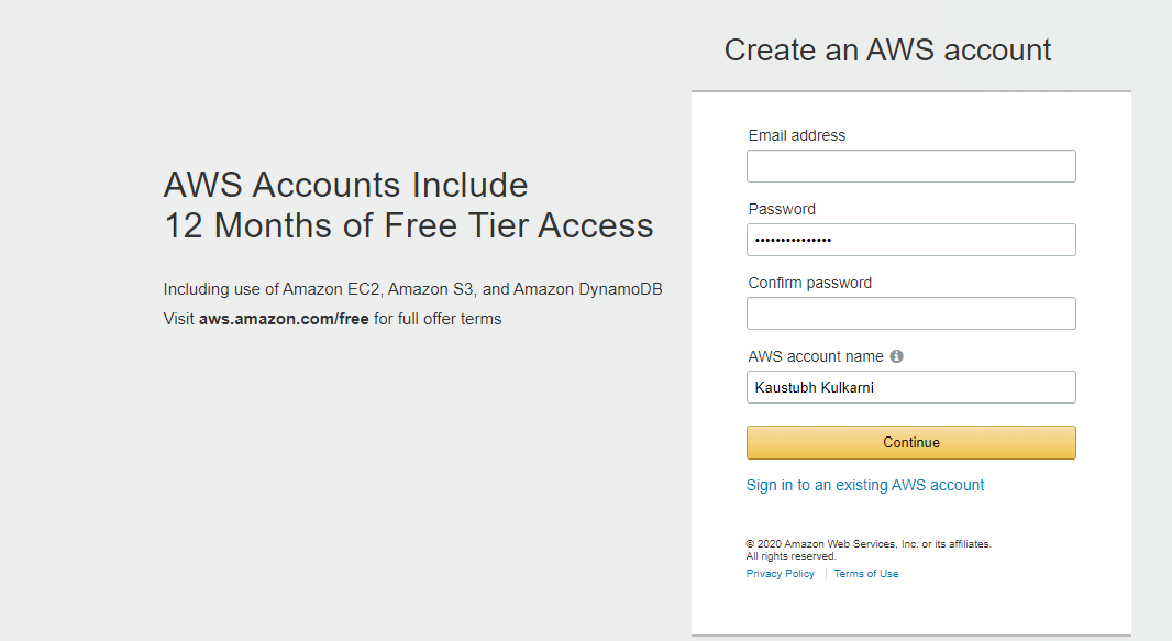 AWS Signup form
